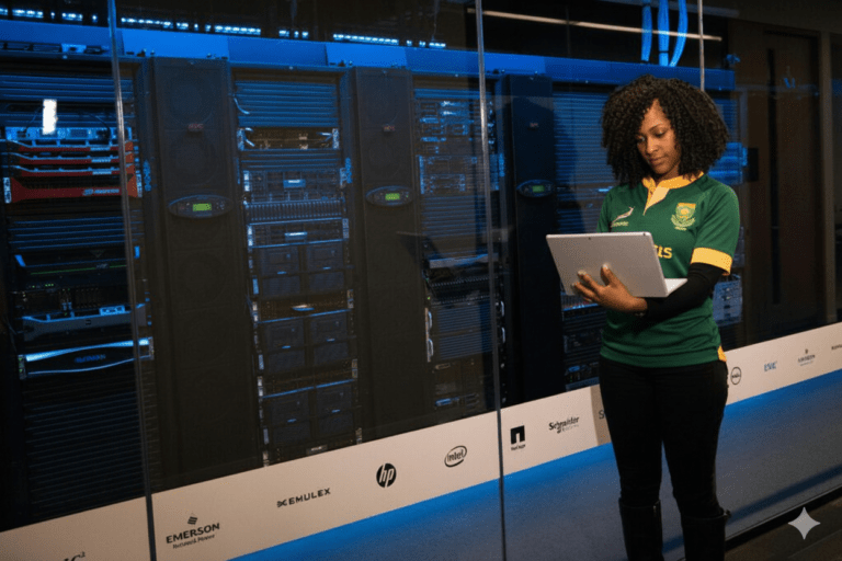 lady in a Springbok rugby jersey configuring servers from a laptop