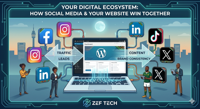 An infographic titled "Your Digital Ecosystem," showing a central laptop displaying a WordPress dashboard connected by glowing digital lines to various social media icons like Facebook, Instagram, LinkedIn, and TikTok. South African professionals and a person in a Springbok-style jersey are shown interacting with mobile devices, illustrating the flow of traffic and leads between social media and a central website. The ZEF TECH logo is featured at the bottom.